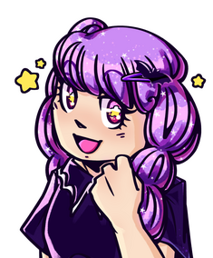 PNGTuber A headshot of Comet. Comet wears her lavender hair in with a lavender side braid. A bat hair clip is in her hair, and yellow stars are in her magenta eyes.