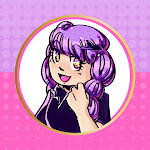 Curious Comet Vtuber An icon for the VTuber, Curious Comet. Comet is in the white center. She smiles and stars are in her eyes. The top half of the icon is purple, and the other half is a bright pink.