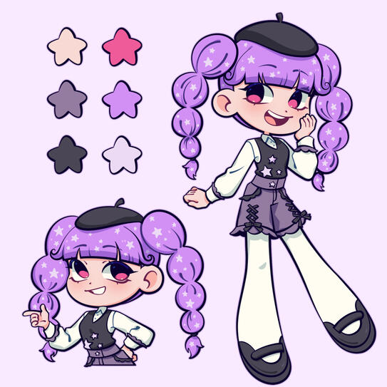 Curious Comet Vtuber An alternate design for Comet. Comet wears a grey vest on top of a white collared shirt. The vest has three stars on it! Her shorts are a dull purple with lace details. She also wears wears a grey beret, white tights , and grey mary janes!
